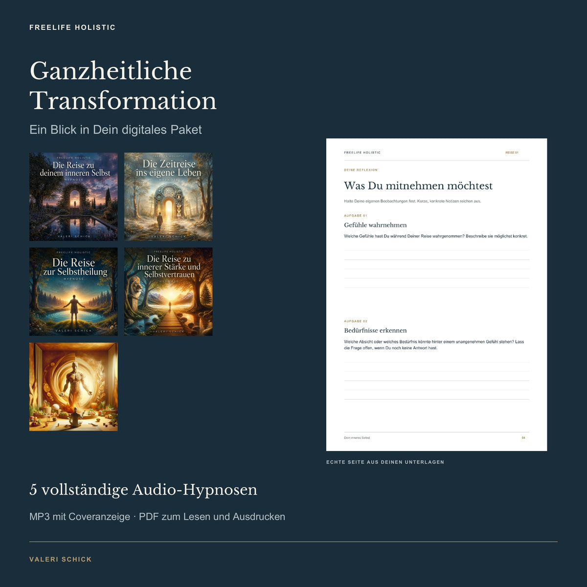 Ganzheitliche Transformation: tatsächliche Hypnose-Cover und eine echte Seite aus den begleitenden Unterlagen.