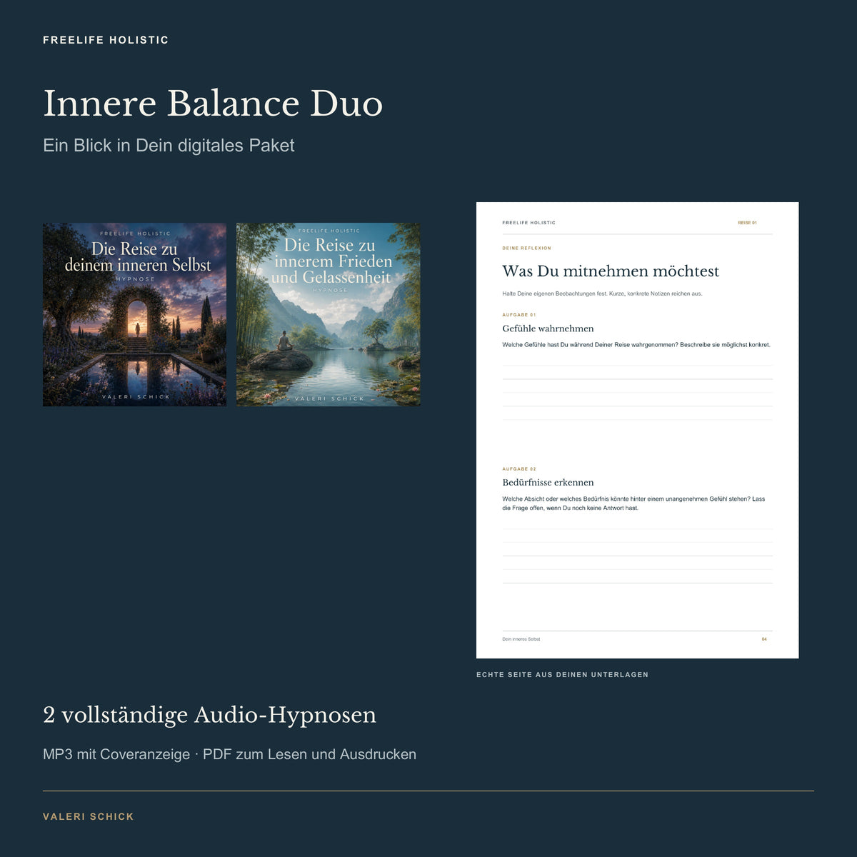 Innere Balance Duo: tatsächliche Hypnose-Cover und eine echte Seite aus den begleitenden Unterlagen.