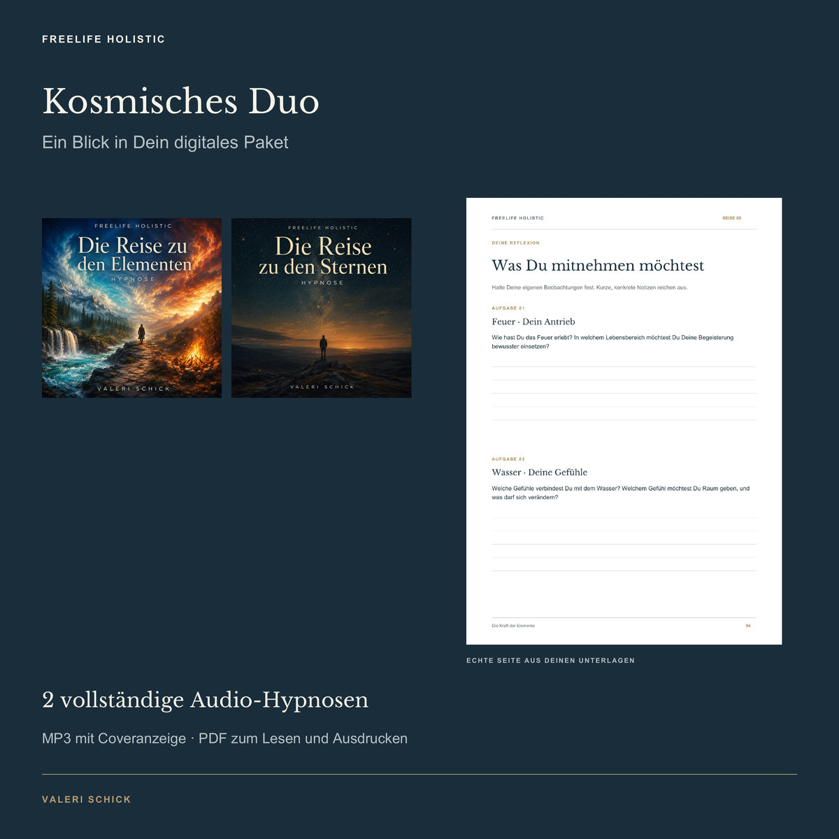 Kosmisches Duo: tatsächliche Hypnose-Cover und eine echte Seite aus den begleitenden Unterlagen.