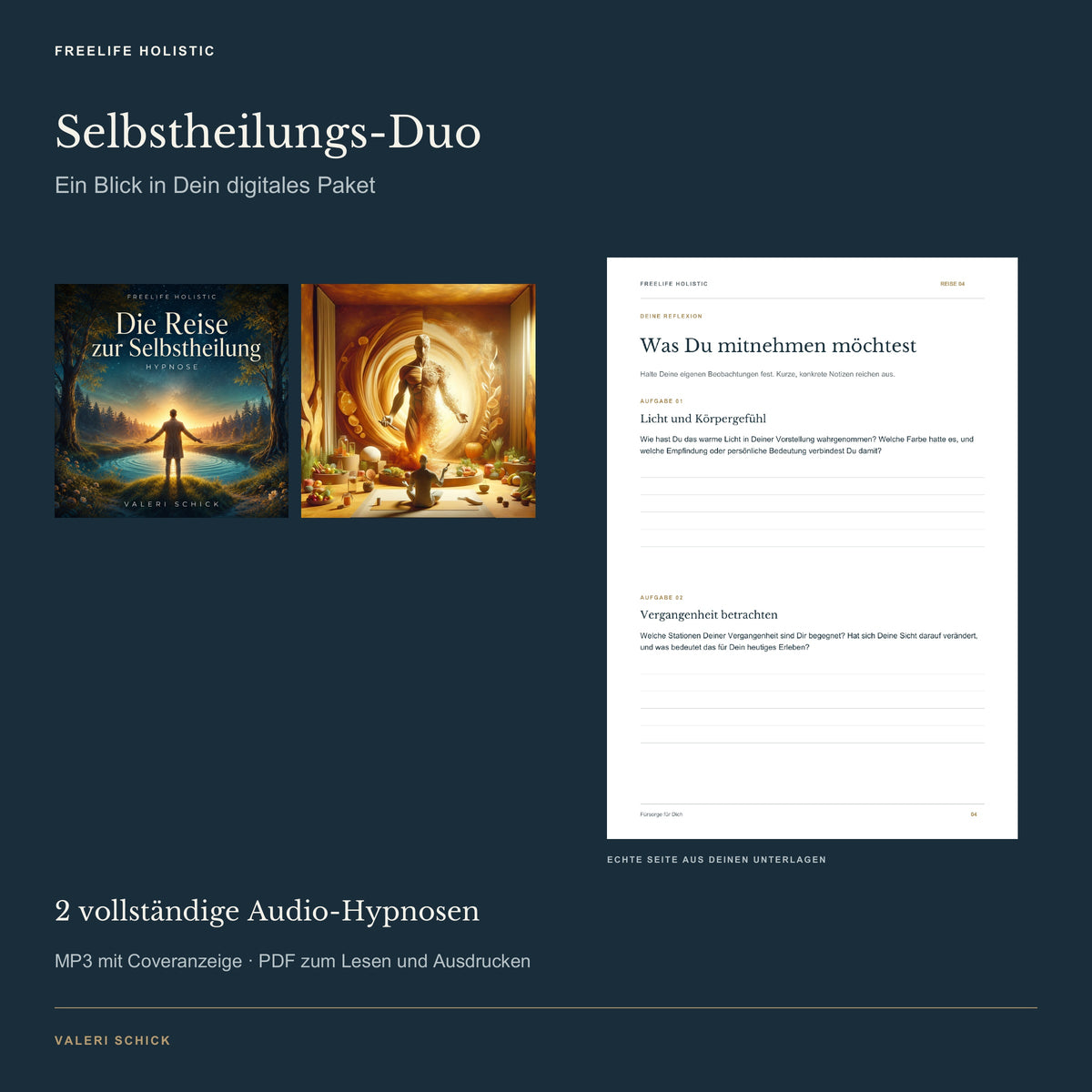 Selbstheilungs-Duo: tatsächliche Hypnose-Cover und eine echte Seite aus den begleitenden Unterlagen.
