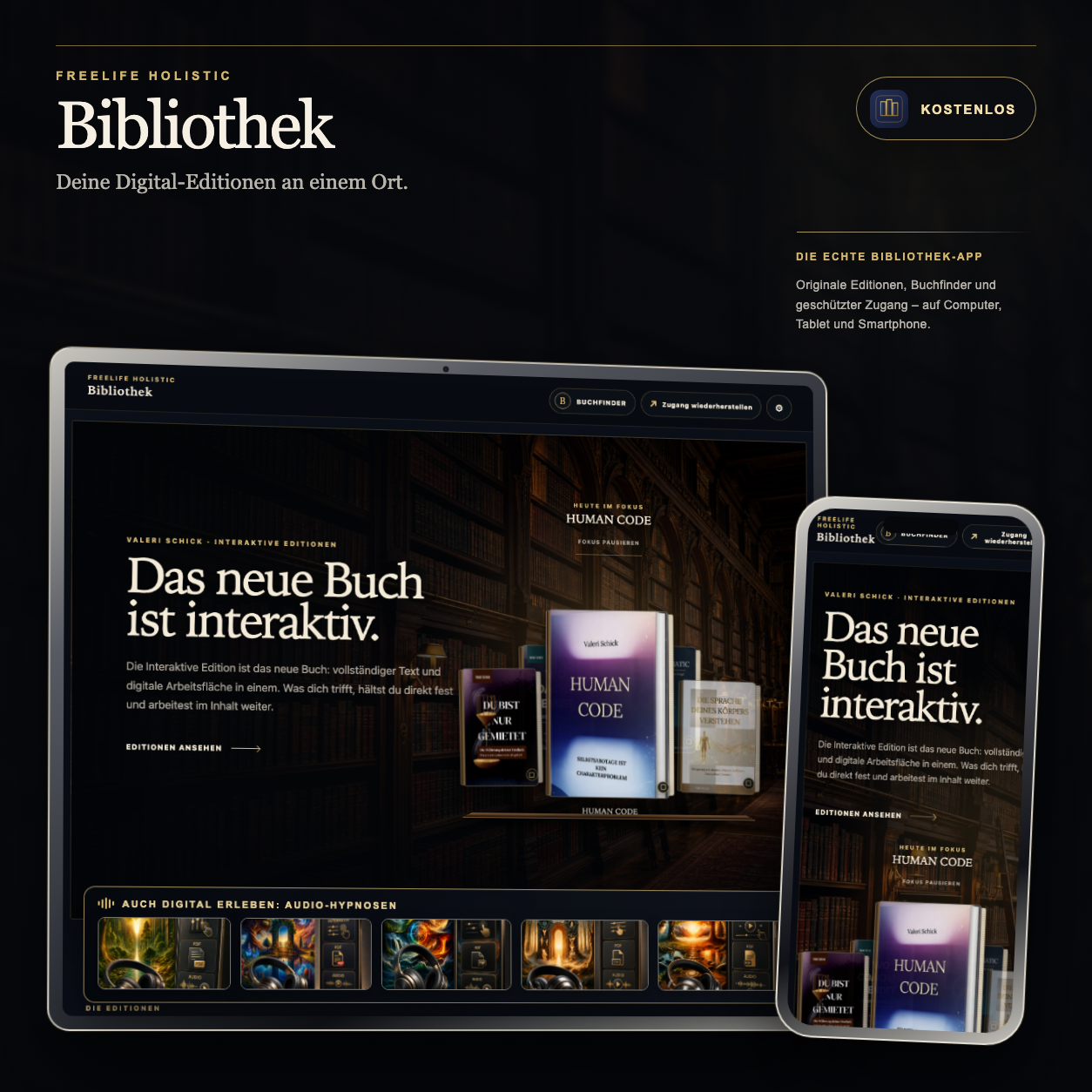 FreeLife Bibliothek-App mit digitalen Buch-Editionen und Audio-Hypnosen auf Computer, Tablet und Smartphone