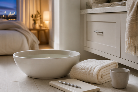 Schlichtes Abendritual mit Fußbad, Handtuch, Tasse und Notizbuch