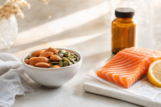 Mandeln, Kürbiskerne, Lachs und Zitrone in hellem Tageslicht