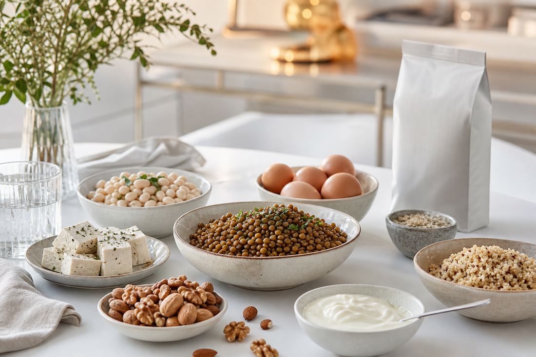 Proteinreiche Lebensmittel für den Alltag auf einem hellen Tisch