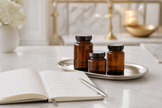 Unbeschriftete Supplementgläser mit Checkliste – die Gesamtdosis im Blick