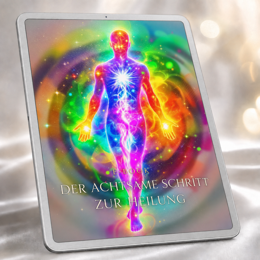 Der achtsame Schritt zur Heilung – E-Book auf silbernem Tablet im Originaldesign