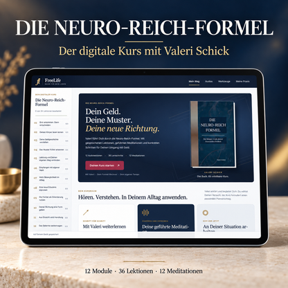 Die Neuro-Reich-Formel als digitaler Kurs mit Valeri Schick: Kursansicht mit zwölf Modulen auf einem Tablet.