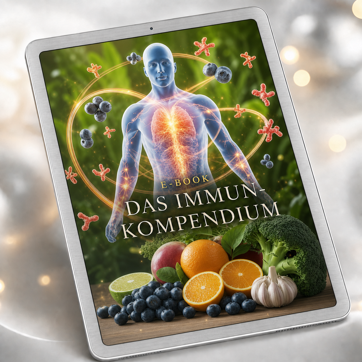 Das Immun-Kompendium – Dein wissenschaftlich fundierter Guide für maximale Abwehrkraft – E-Book auf silbernem Tablet im Originaldesign