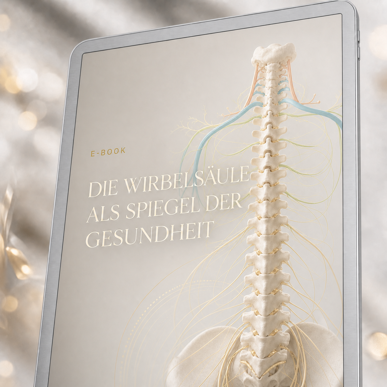 Die Wirbelsäule als Spiegel der Gesundheit – Eine ganzheitliche Betrachtung – E-Book auf silbernem Tablet im Originaldesign