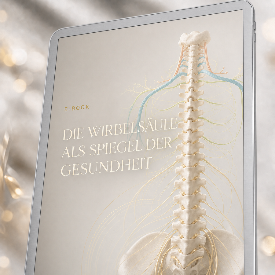 Die Wirbelsäule als Spiegel der Gesundheit – Eine ganzheitliche Betrachtung – E-Book auf silbernem Tablet im Originaldesign