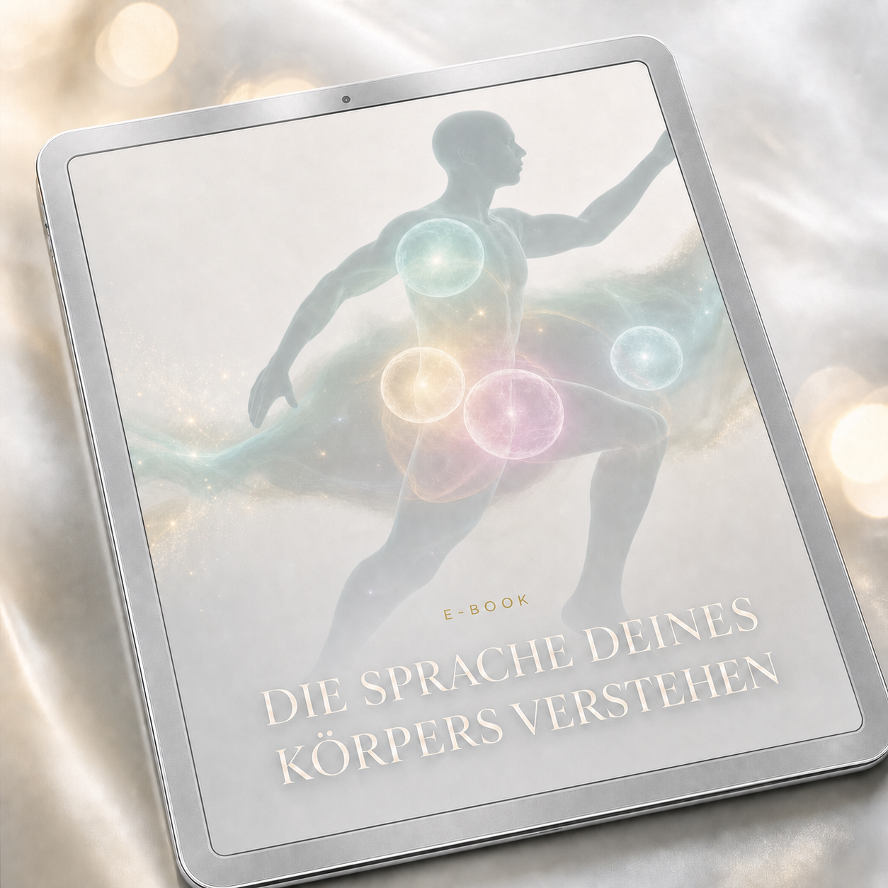 Die Sprache deines Körpers verstehen – Der Schlüssel zu Gesundheit und Leichtigkeit – E-Book auf silbernem Tablet im Originaldesign