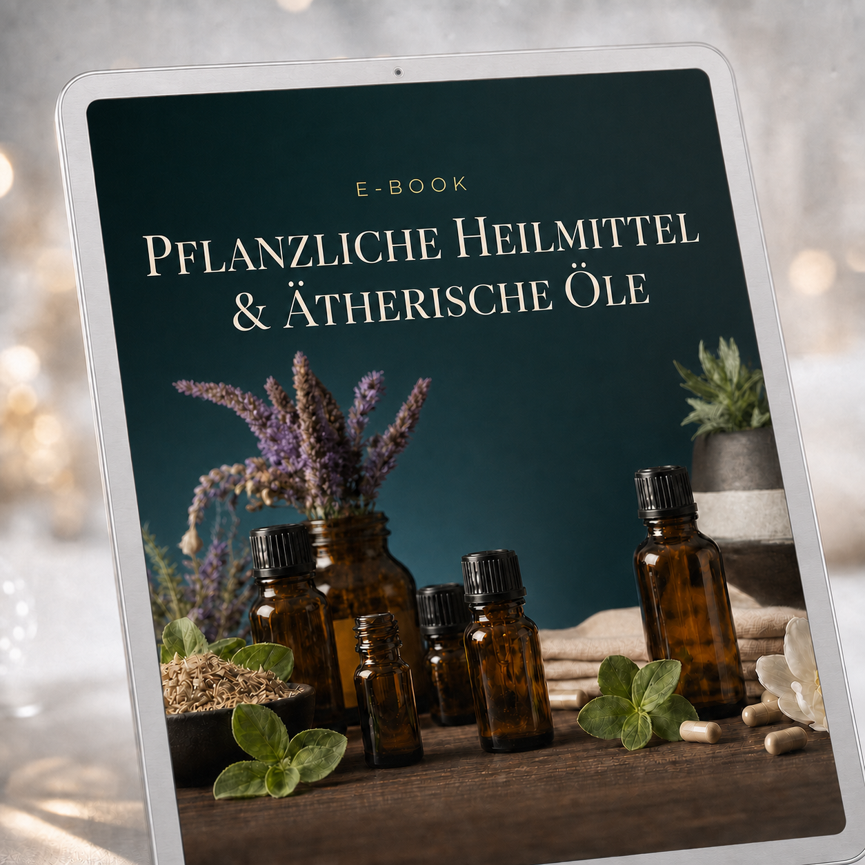 Pflanzliche Heilmittel & ätherische Öle – E-Book auf silbernem Tablet im Originaldesign