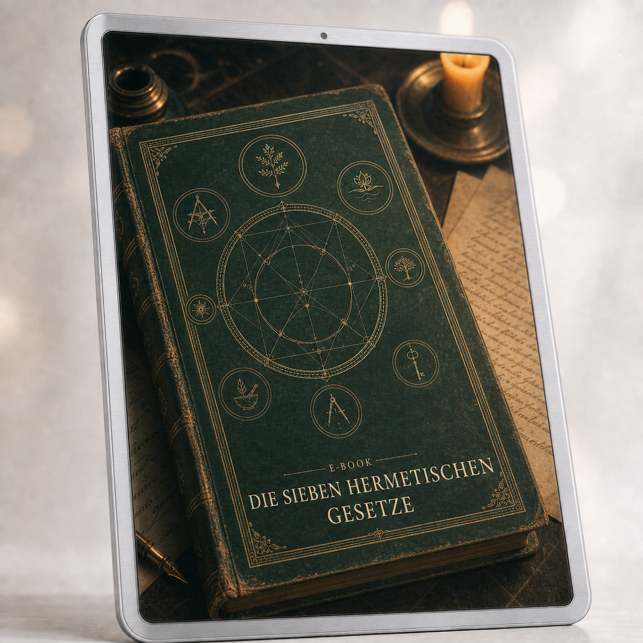 Die sieben hermetischen Gesetze – Dein Schlüssel zu innerer und äußerer Transformation – E-Book auf silbernem Tablet im Originaldesign