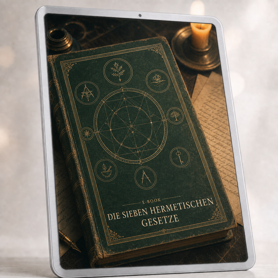 Die sieben hermetischen Gesetze – Dein Schlüssel zu innerer und äußerer Transformation – E-Book auf silbernem Tablet im Originaldesign