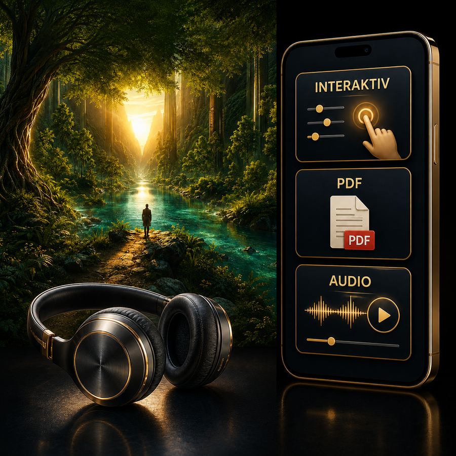 Die Reise zu einem entspannenden Ort – Digital-Edition: digitale Hypnose mit den zugehörigen Motiven, dargestellt als Produktansicht mit Kopfhörern.