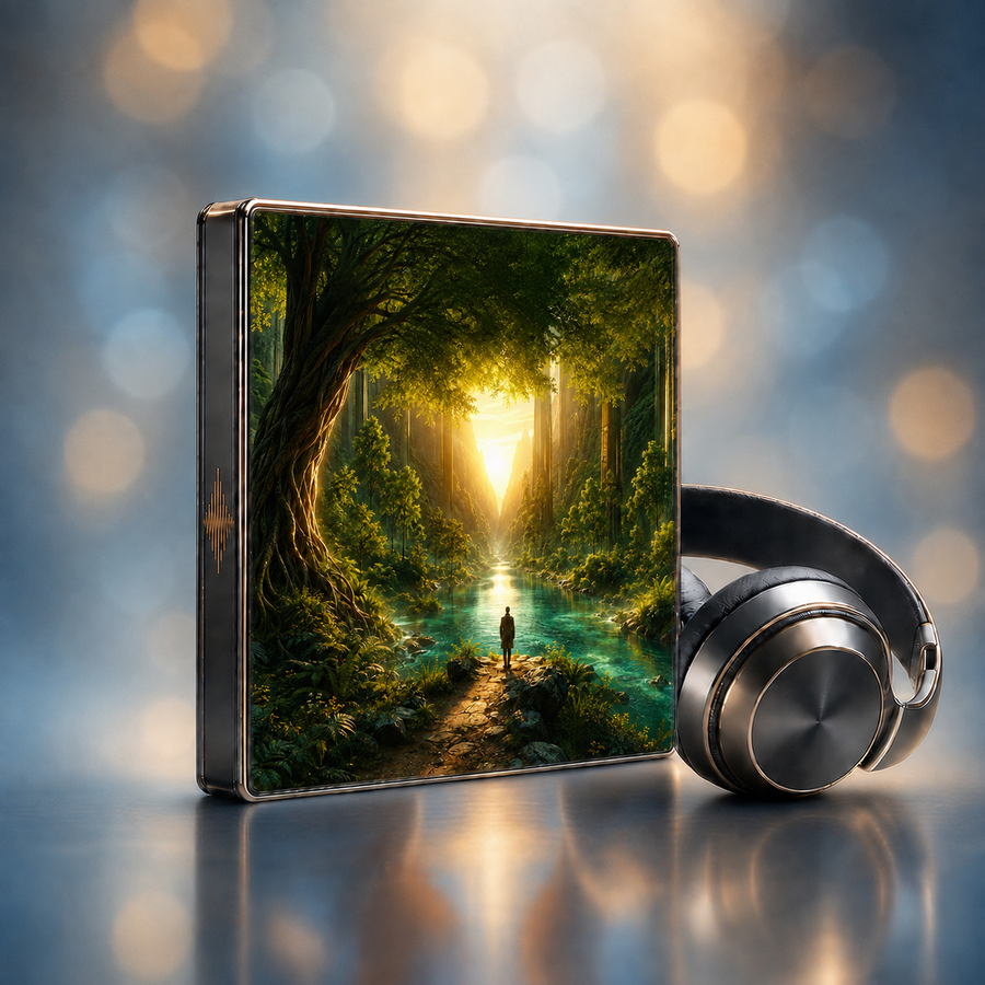 Die Reise - zu einem entspannenden Ort: digitale Hypnose mit den zugehörigen Motiven, dargestellt als Produktansicht mit Kopfhörern.