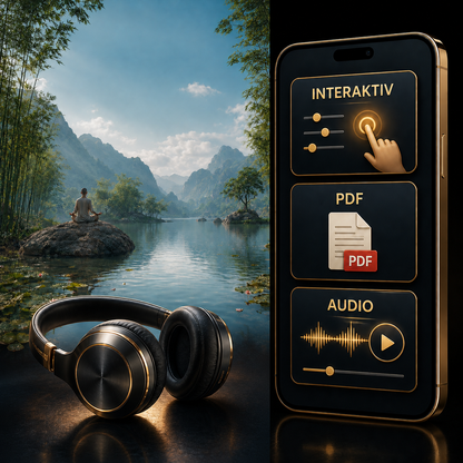 Die Reise zu innerem Frieden und Gelassenheit – Digital-Edition: digitale Hypnose mit den zugehörigen Motiven, dargestellt als Produktansicht mit Kopfhörern.