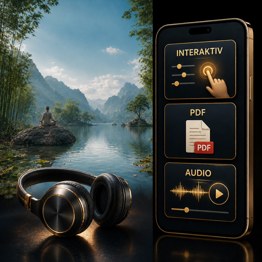 Die Reise zu innerem Frieden und Gelassenheit – Digital-Edition: digitale Hypnose mit den zugehörigen Motiven, dargestellt als Produktansicht mit Kopfhörern.