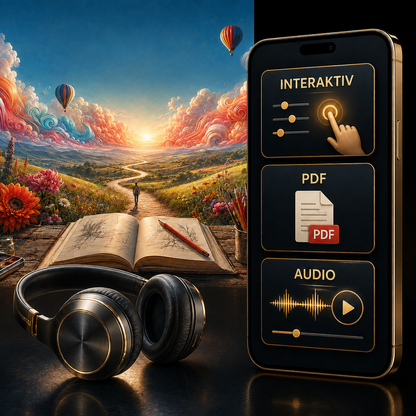 Die Reise zu kreativer Inspiration – Digital-Edition: digitale Hypnose mit den zugehörigen Motiven, dargestellt als Produktansicht mit Kopfhörern.