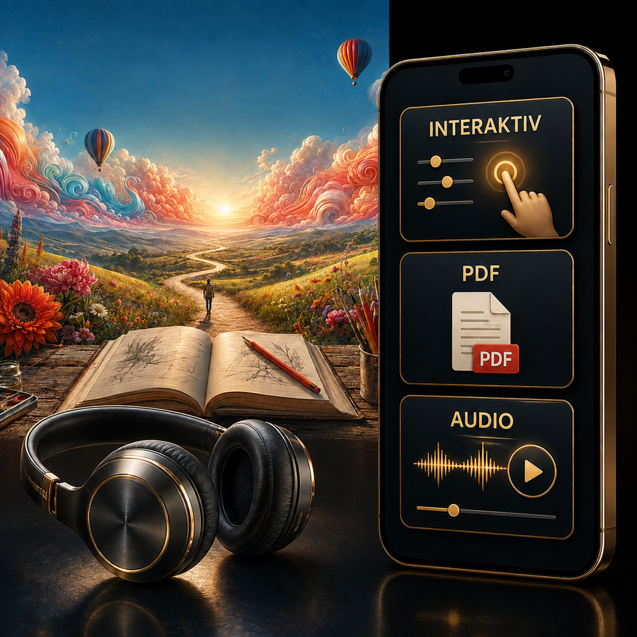 Die Reise zu kreativer Inspiration – Digital-Edition: digitale Hypnose mit den zugehörigen Motiven, dargestellt als Produktansicht mit Kopfhörern.