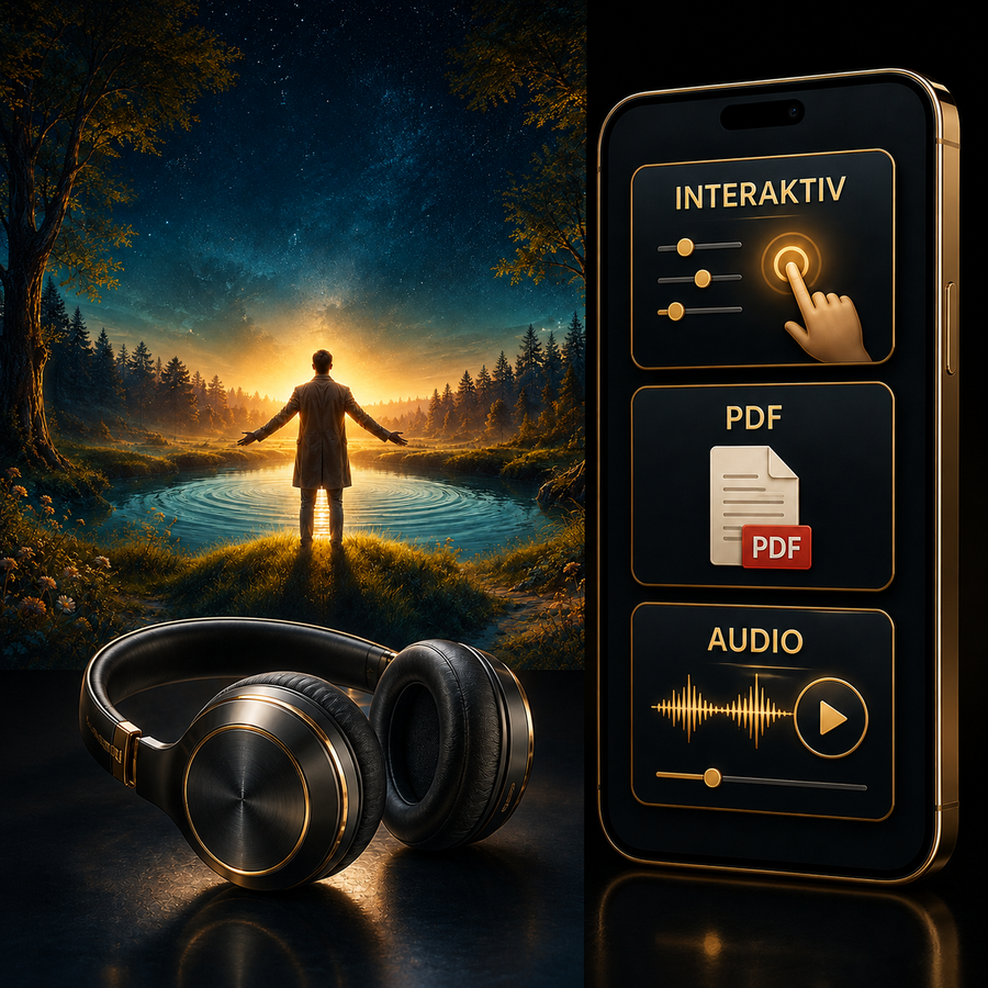Die Reise zu innerer Erneuerung – Digital-Edition: digitale Hypnose mit den zugehörigen Motiven, dargestellt als Produktansicht mit Kopfhörern.