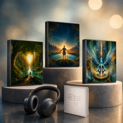 Entspannungs- und Heilungs-Trilogie: digitale Hypnose mit den zugehörigen Motiven, dargestellt als Produktansicht mit Kopfhörern.