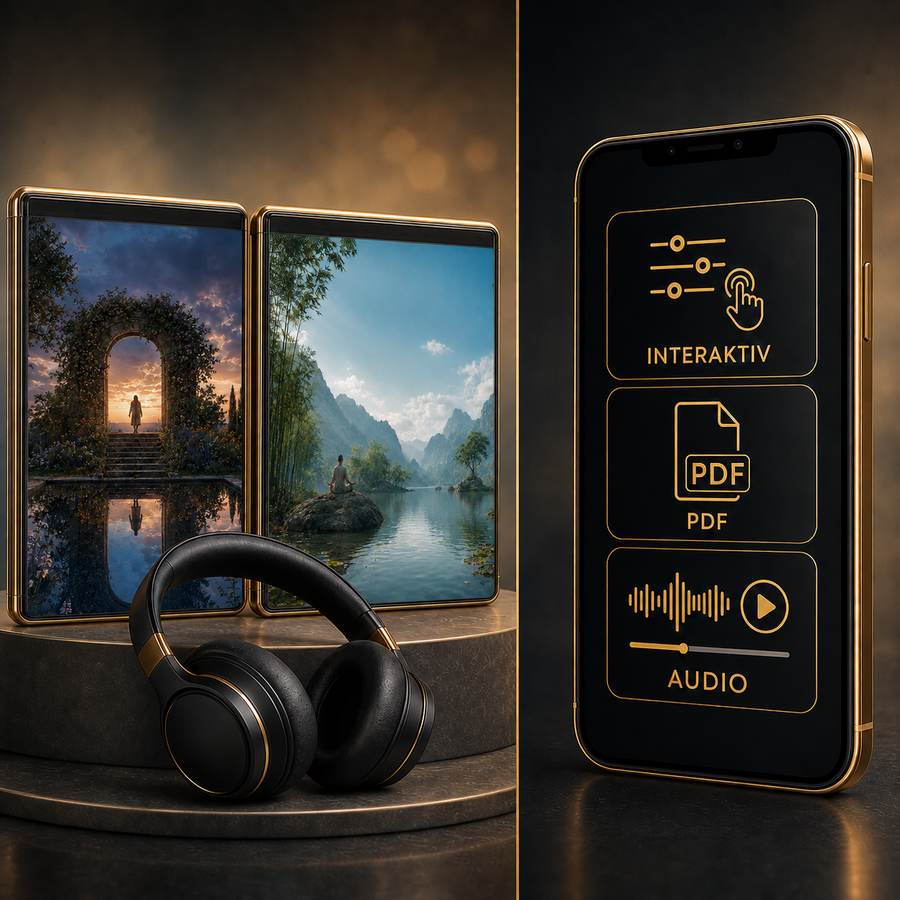 Innere Balance Duo – Digital-Edition: digitale Hypnose mit den zugehörigen Motiven, dargestellt als Produktansicht mit Kopfhörern.