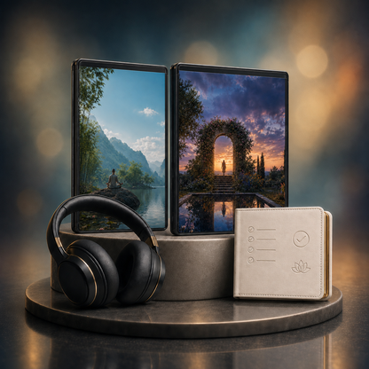 Innere Balance Duo: digitale Hypnose mit den zugehörigen Motiven, dargestellt als Produktansicht mit Kopfhörern.