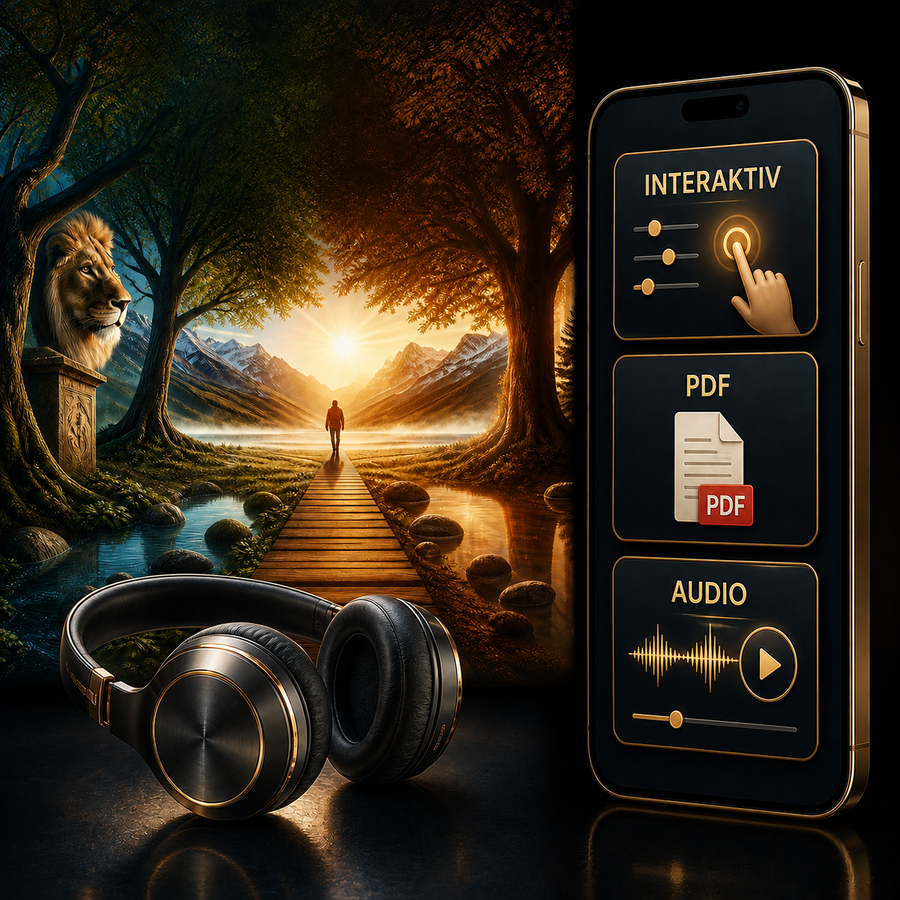 Innere Stärke und Selbstvertrauen – Digital-Edition: digitale Hypnose mit den zugehörigen Motiven, dargestellt als Produktansicht mit Kopfhörern.