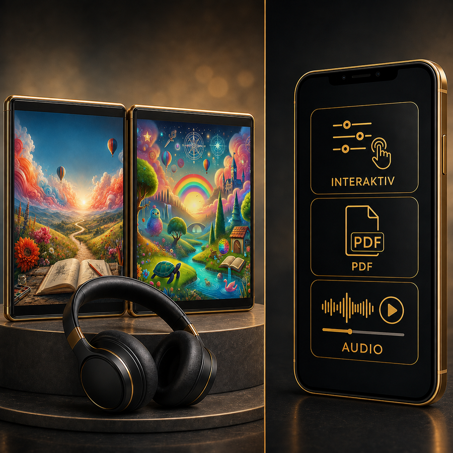 Kreativität und Magie Duo – Digital-Edition: digitale Hypnose mit den zugehörigen Motiven, dargestellt als Produktansicht mit Kopfhörern.