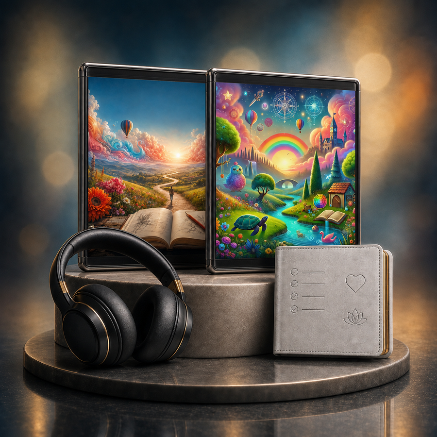 Kreativität und Magie Duo: digitale Hypnose mit den zugehörigen Motiven, dargestellt als Produktansicht mit Kopfhörern.