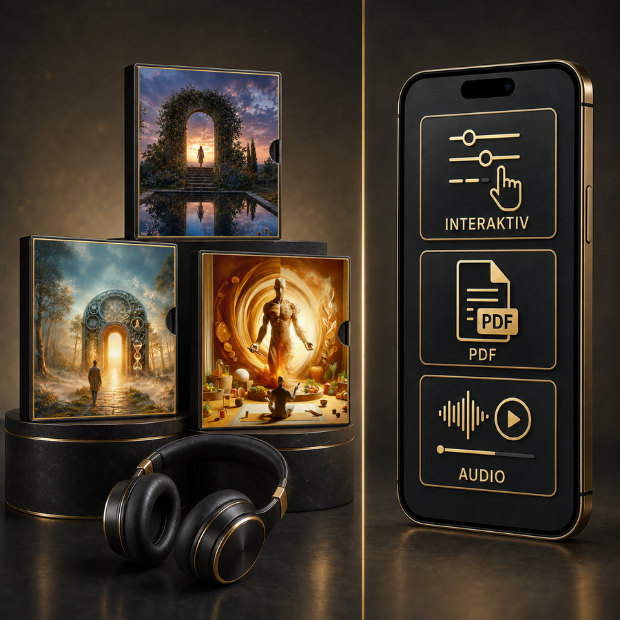 Selbstfindungs-Trilogie – Digital-Edition: digitale Hypnose mit den zugehörigen Motiven, dargestellt als Produktansicht mit Kopfhörern.