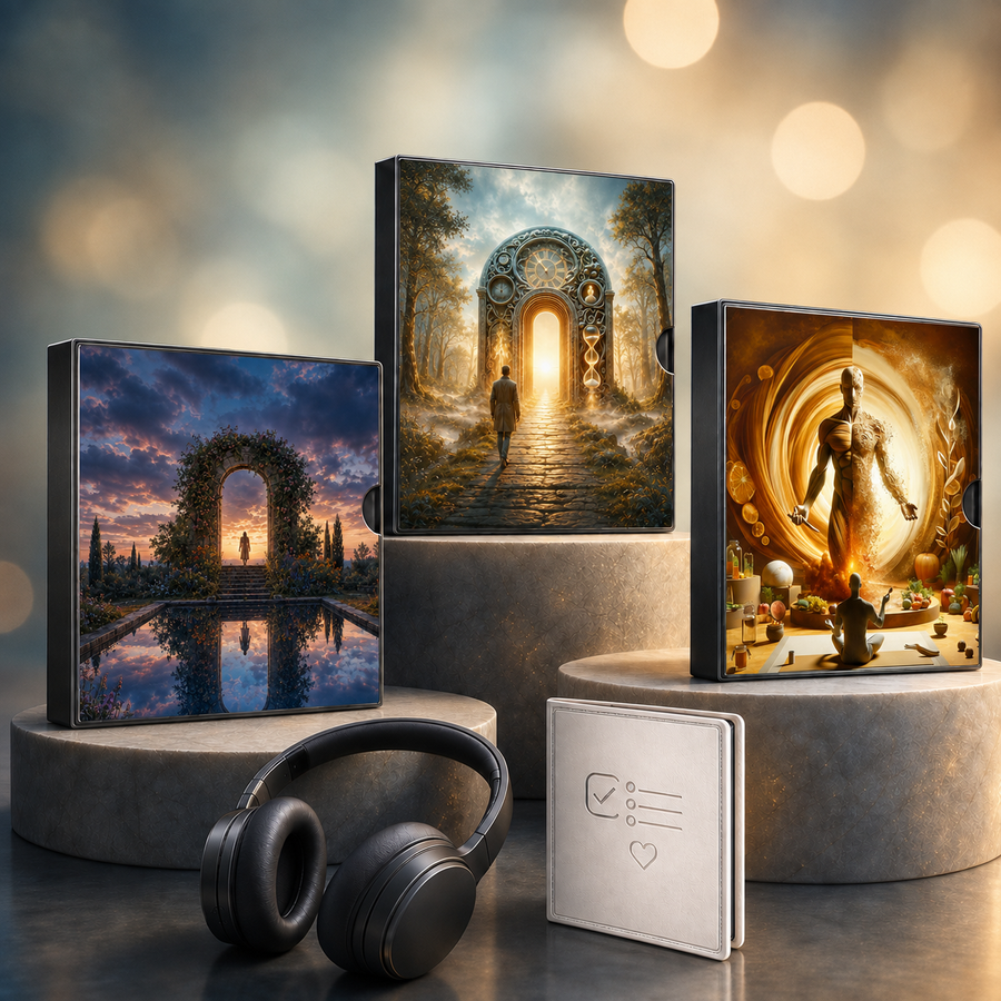 Selbstfindungs-Trilogie: digitale Hypnose mit den zugehörigen Motiven, dargestellt als Produktansicht mit Kopfhörern.