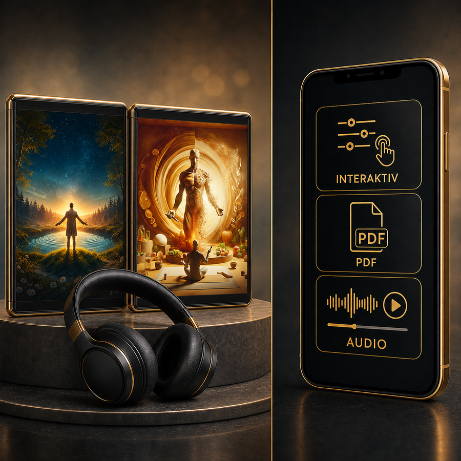 Selbstheilungs-Duo – Digital-Edition: digitale Hypnose mit den zugehörigen Motiven, dargestellt als Produktansicht mit Kopfhörern.