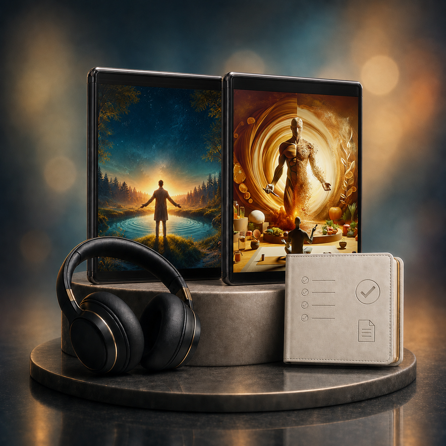 Selbstheilungs-Duo: digitale Hypnose mit den zugehörigen Motiven, dargestellt als Produktansicht mit Kopfhörern.