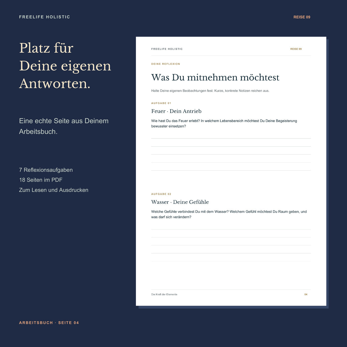 Seite 4 aus dem Arbeitsbuch Die Reise zu den Elementen mit den ersten zwei Aufgaben und Platz für eigene Notizen.