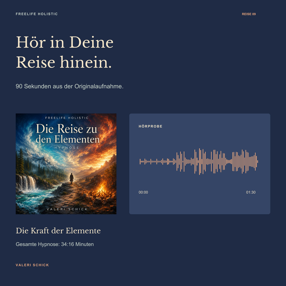 90-Sekunden-Hörprobe zu Die Reise zu den Elementen mit Cover und Wellenform des Originalausschnitts.