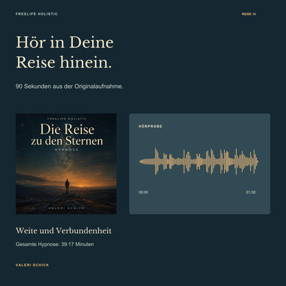 90-Sekunden-Hörprobe zu Die Reise zu den Sternen mit Cover und Wellenform des Originalausschnitts.