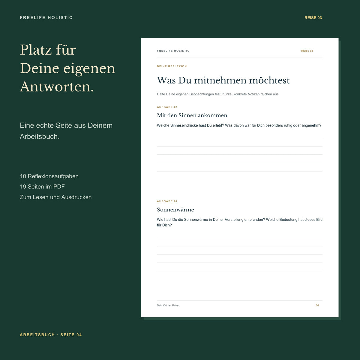 Seite 4 aus dem Arbeitsbuch Die Reise zu einem entspannenden Ort mit den ersten zwei Aufgaben und Platz für eigene Notizen.