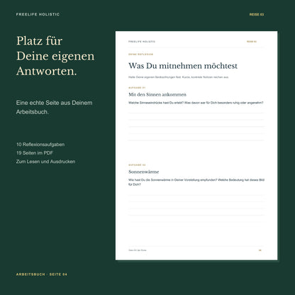 Seite 4 aus dem Arbeitsbuch Die Reise zu einem entspannenden Ort mit den ersten zwei Aufgaben und Platz für eigene Notizen.
