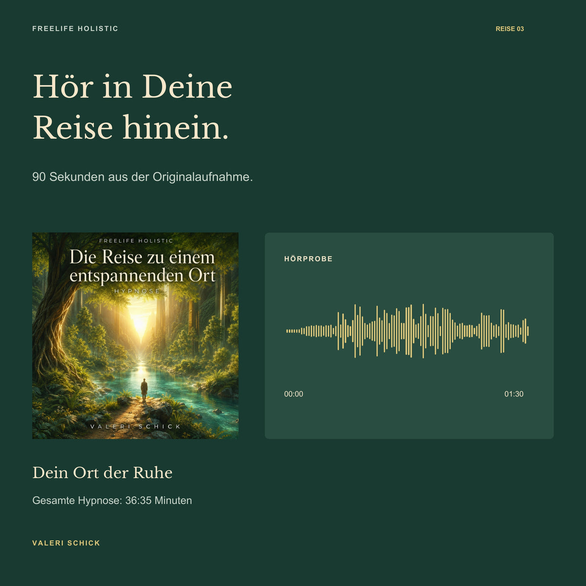 90-Sekunden-Hörprobe zu Die Reise zu einem entspannenden Ort mit Cover und Wellenform des Originalausschnitts.