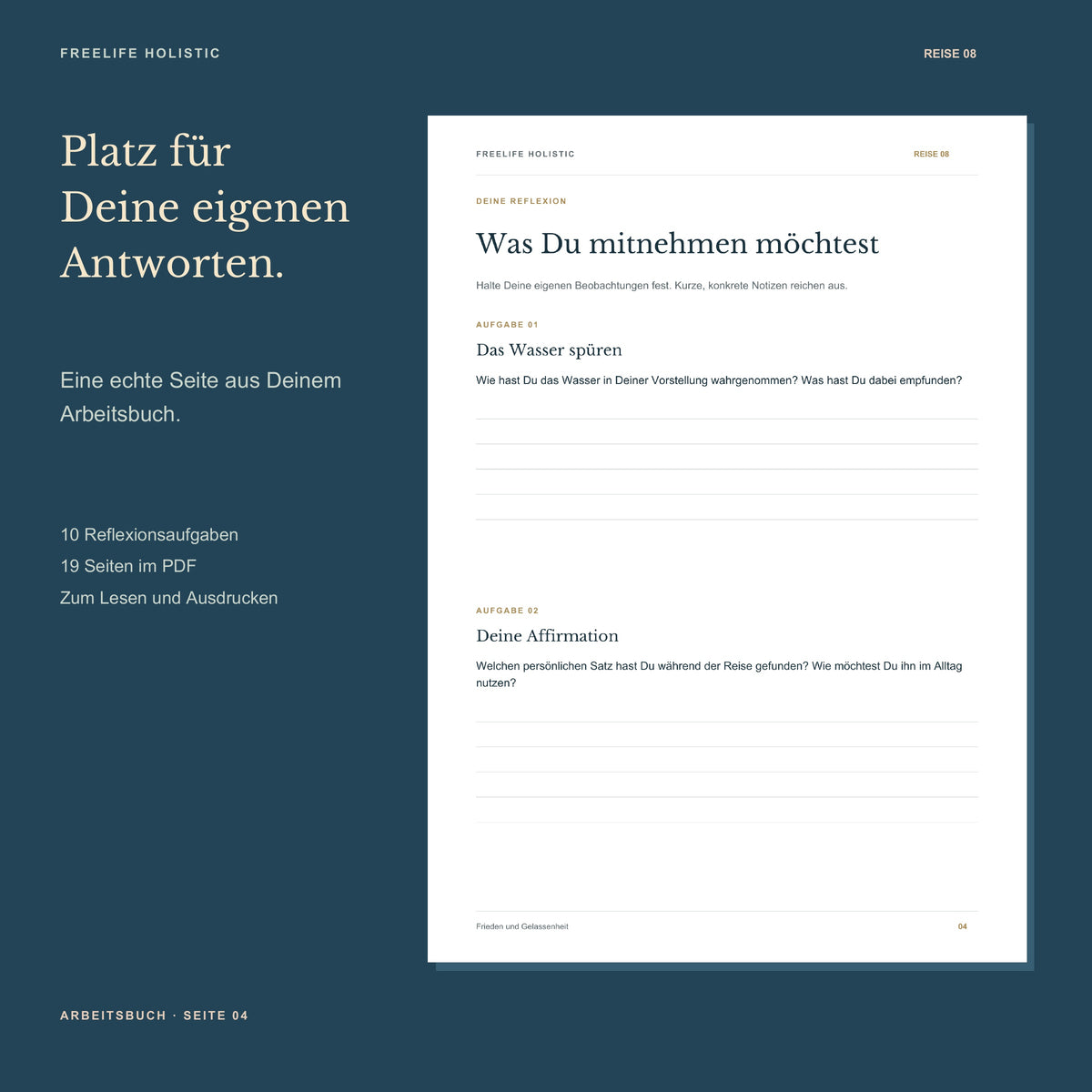 Seite 4 aus dem Arbeitsbuch Die Reise zu innerem Frieden und Gelassenheit mit den ersten zwei Aufgaben und Platz für eigene Notizen.