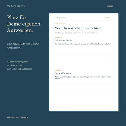 Seite 4 aus dem Arbeitsbuch Die Reise zu innerem Frieden und Gelassenheit mit den ersten zwei Aufgaben und Platz für eigene Notizen.