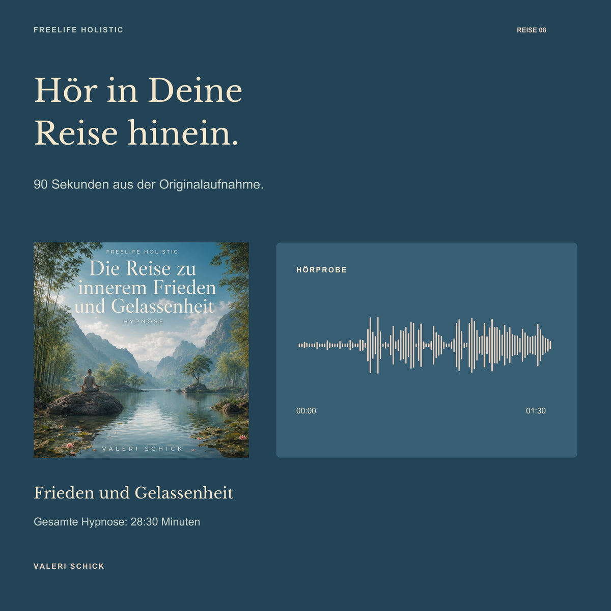 90-Sekunden-Hörprobe zu Die Reise zu innerem Frieden und Gelassenheit mit Cover und Wellenform des Originalausschnitts.