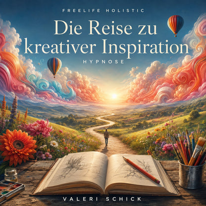 Die Reise zu kreativer Inspiration von Valeri Schick: neues Cover der Audio-Hypnose mit Arbeitsbuch.