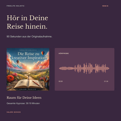 90-Sekunden-Hörprobe zu Die Reise zu kreativer Inspiration mit Cover und Wellenform des Originalausschnitts.