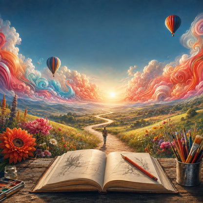 Die Reise zu kreativer Inspiration: das vollständige Landschaftsmotiv ohne Schrift, in der individuellen Farbwelt des Originals.