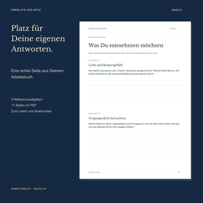 Seite 4 aus dem Arbeitsbuch Die Reise zur Selbstheilung mit den ersten zwei Aufgaben und Platz für eigene Notizen.