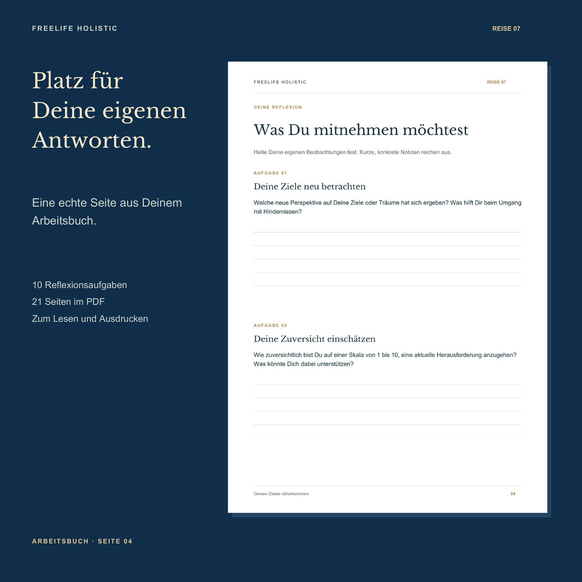 Seite 4 aus dem Arbeitsbuch Die Reise zur Traumverwirklichung mit den ersten zwei Aufgaben und Platz für eigene Notizen.