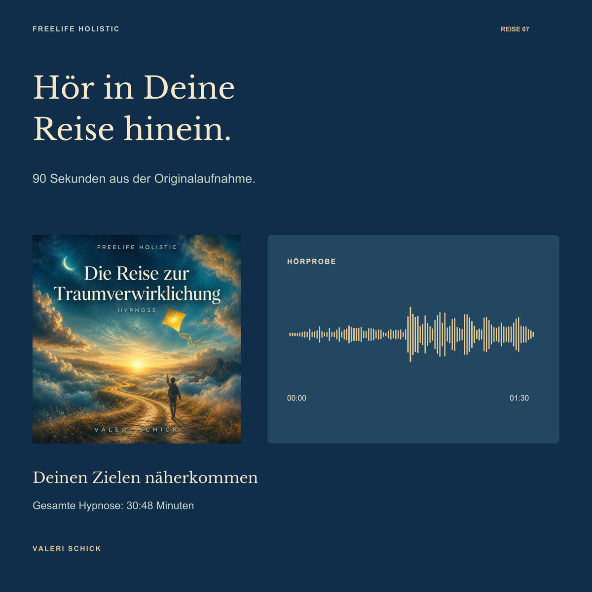 90-Sekunden-Hörprobe zu Die Reise zur Traumverwirklichung mit Cover und Wellenform des Originalausschnitts.